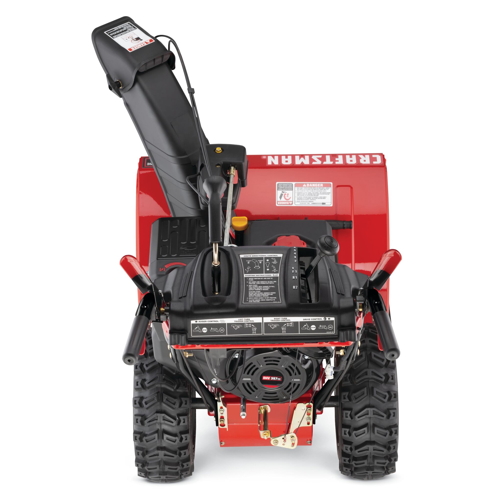 Back profile of 28 inch 357 CC electric start three stage snow blower.