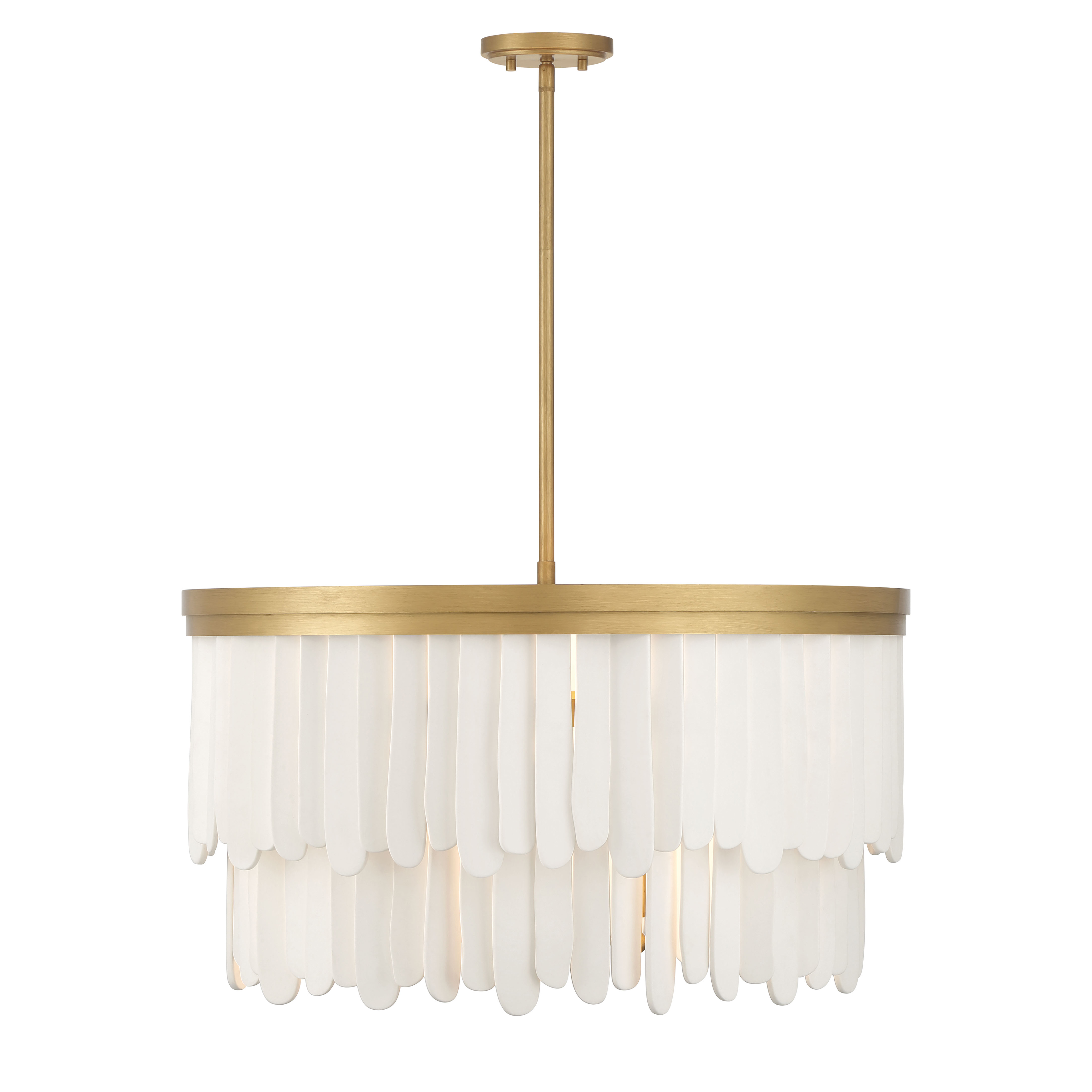 The Briscade pendant combines contemporary elegance with artisanal ceramic details. Its 28-inch span and painted legacy brass finish create a striking focal point, while nine candelabra bulbs provide ample illumination. - alternate view