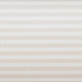 Horizontal beige-and-white striped fabric blind, fully lowered and closed, softly filtering daylight into a neutral, evenly lit interior space.