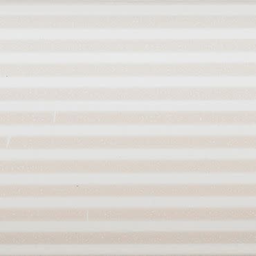 Horizontal beige-and-white striped fabric blind, fully lowered and closed, softly filtering daylight into a neutral, evenly lit interior space.