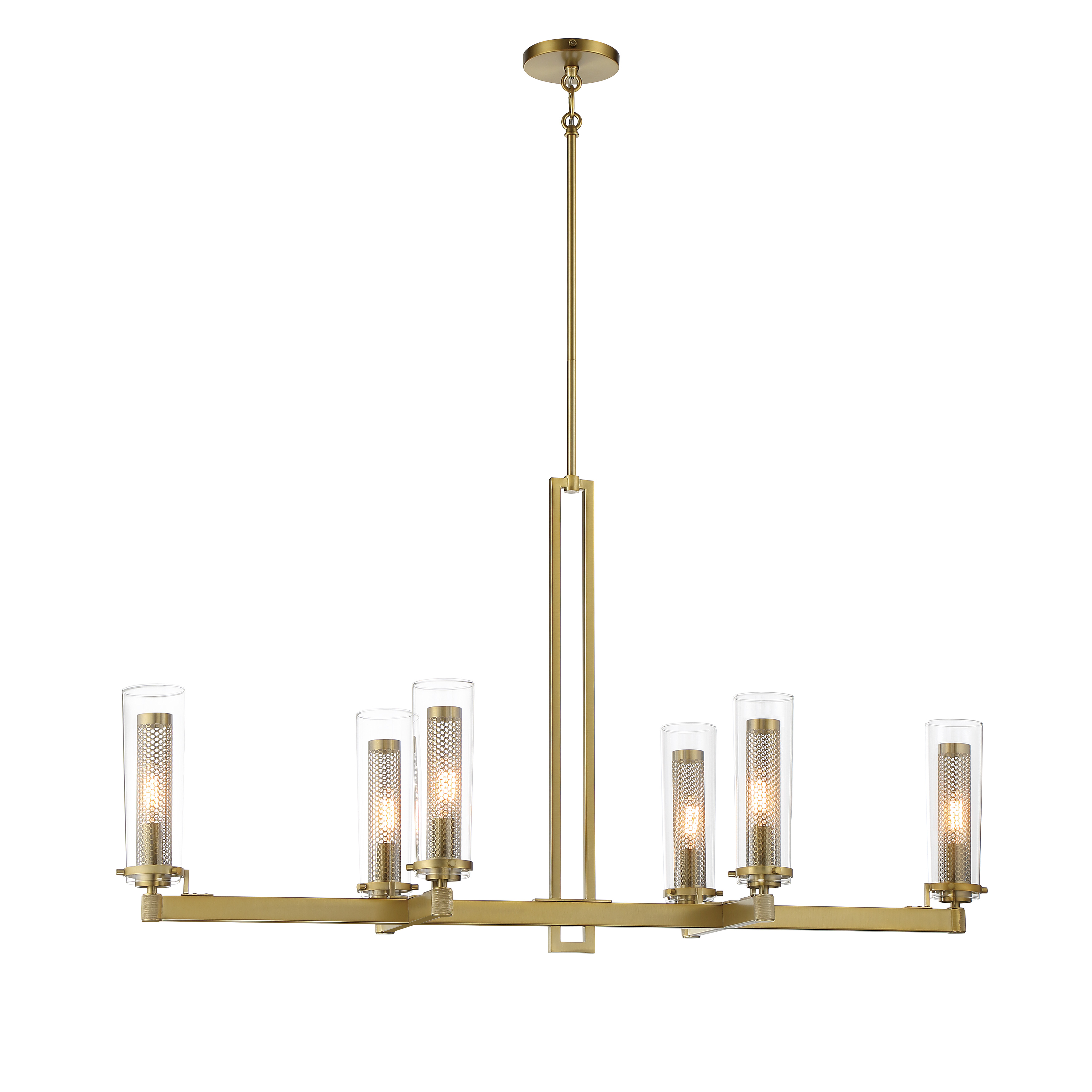 The Emmerham brings timeless elegance to kitchen islands and dining spaces with its 6-light linear design. Soft brass finish and clear glass shades create a warm, inviting glow while the 44-inch length provides excellent coverage. - alternate view