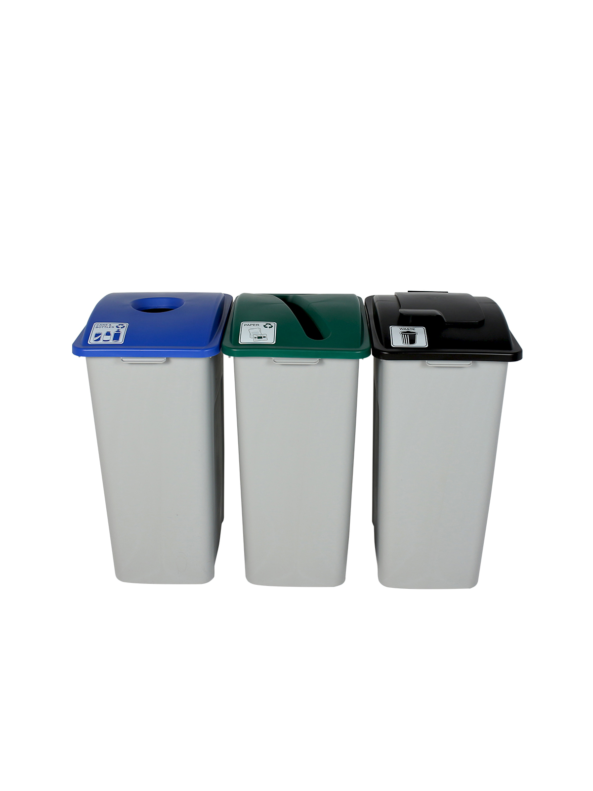 WASTE WATCHER – Triple – Kit – Xl – Cans & Bottles-Paper-Waste – Circle-Slot-Solid Lift – Grey-Blue-Green-Black