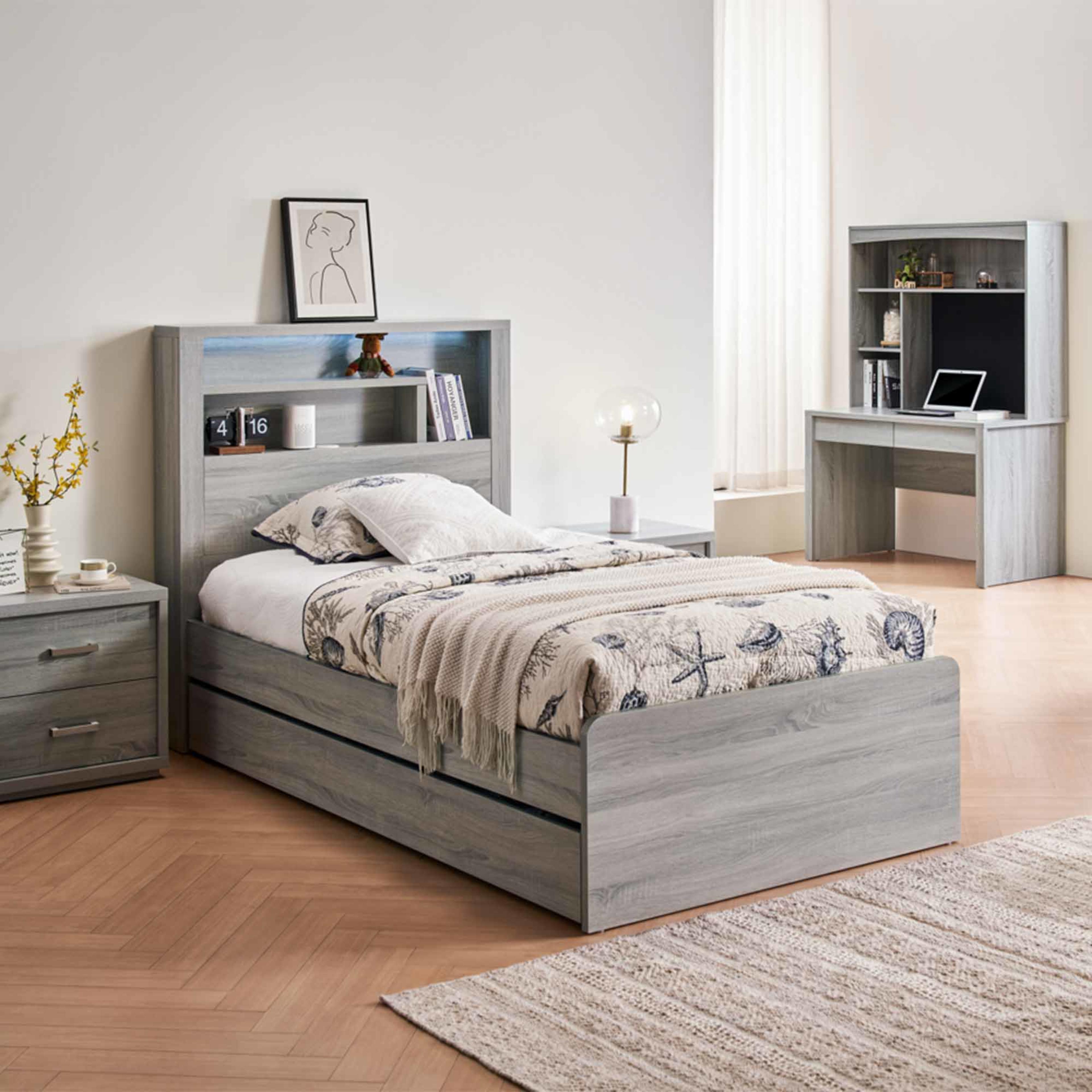 Lifestyle image of the  Bellevue Bed Frame, Cement Grey from Forty Winks