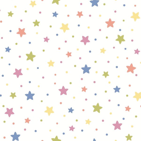 Pastel five-pointed stars and tiny dots, scattered across a white field, creating a repeating decorative pattern suggesting children's wallpaper or fabric with soft, airy lighting.