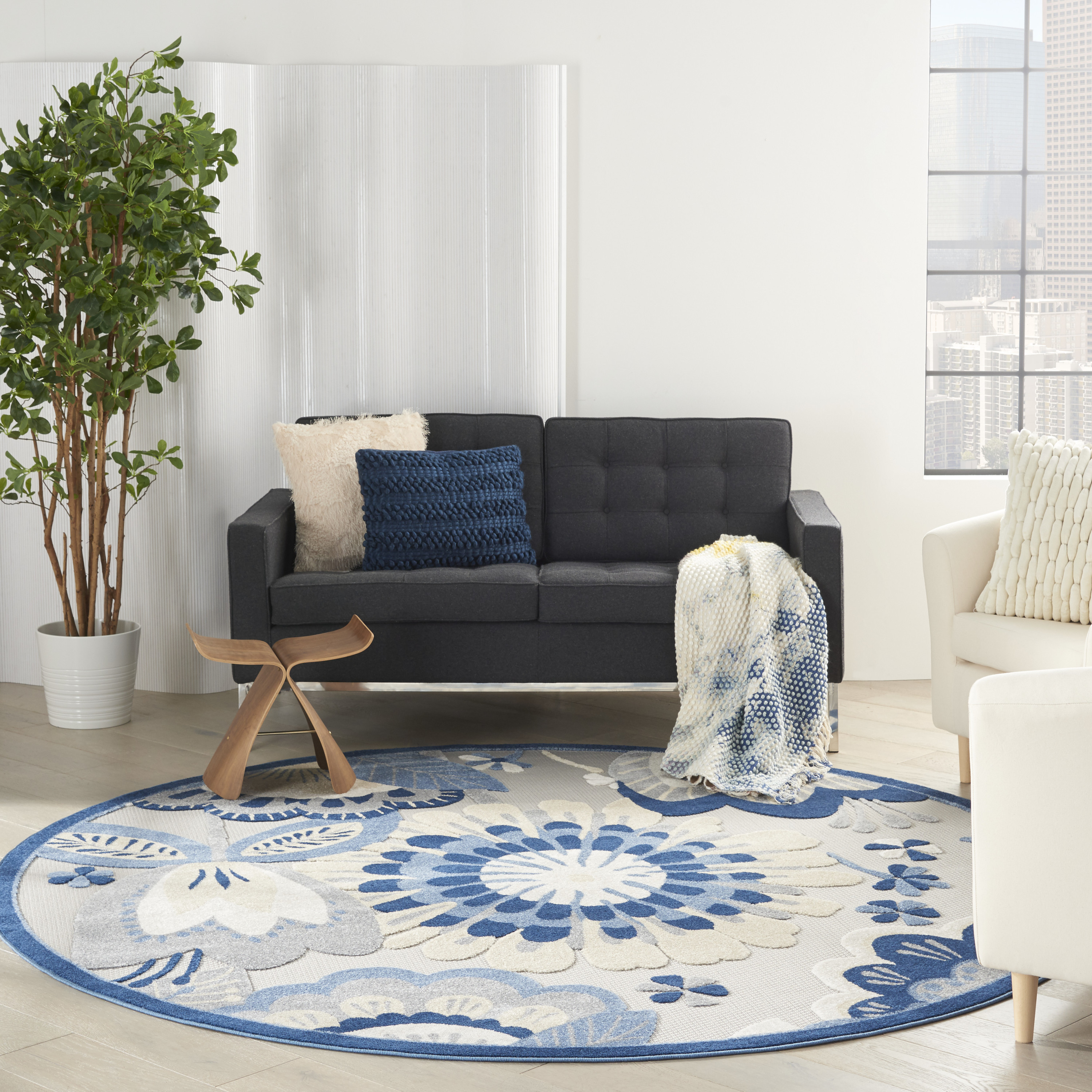 Nourison Aloha 7'10" x Round Blue Grey Contemporary Rug