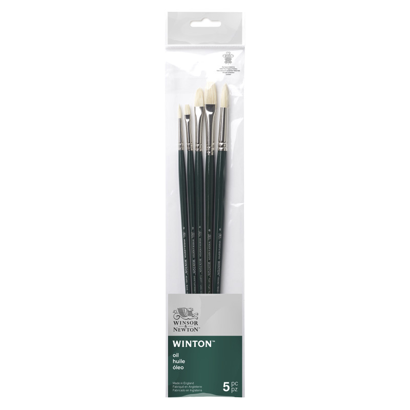 Winton Oil Brushes, Long Handle, Set of 5 (Round 2, Round 6, Short Flat 2 bright, Flat 6, Filbert 4)