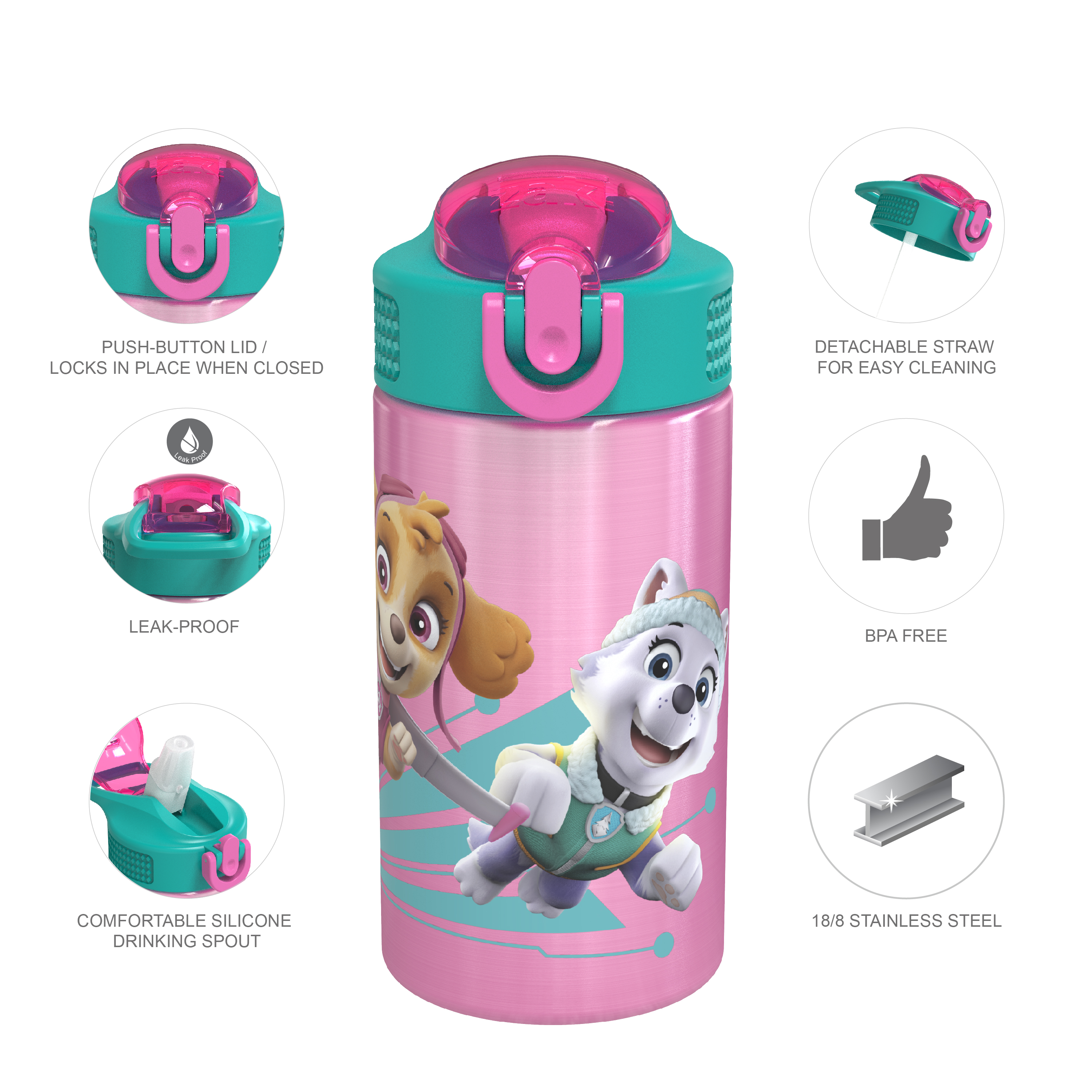 Paw Patrol 15.5 ounce Stainless Steel Water Bottle with Carrying Loop and Screw-on Lid, Skye slideshow image 5