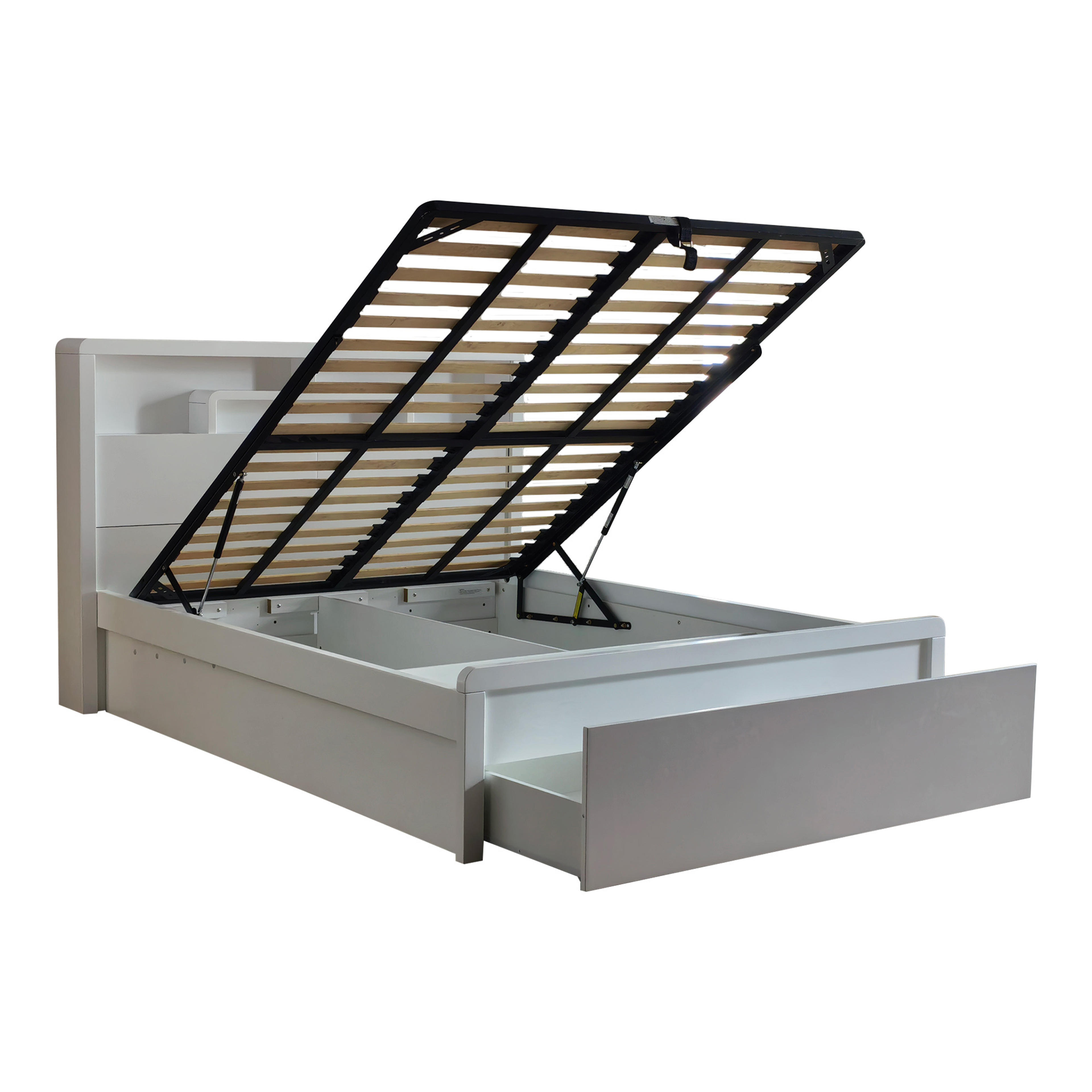 Product image of the  Aria Bed Frame, Front Slat Gas Lift & End Drawer Base, Ivory White from Forty Winks