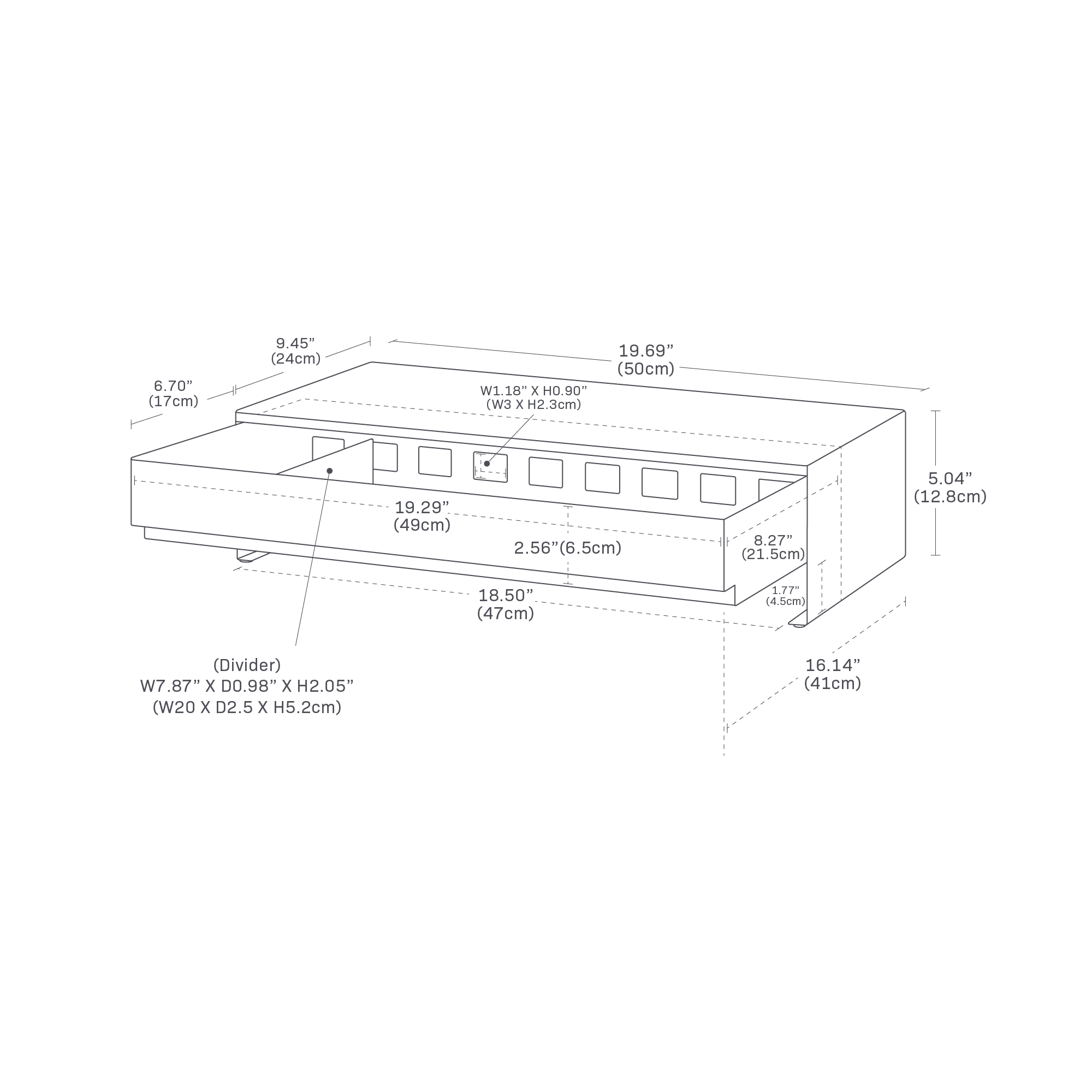 Detailed dimensions image featuring the dimensions L 16.1 x W 19.7 x H 5 inches