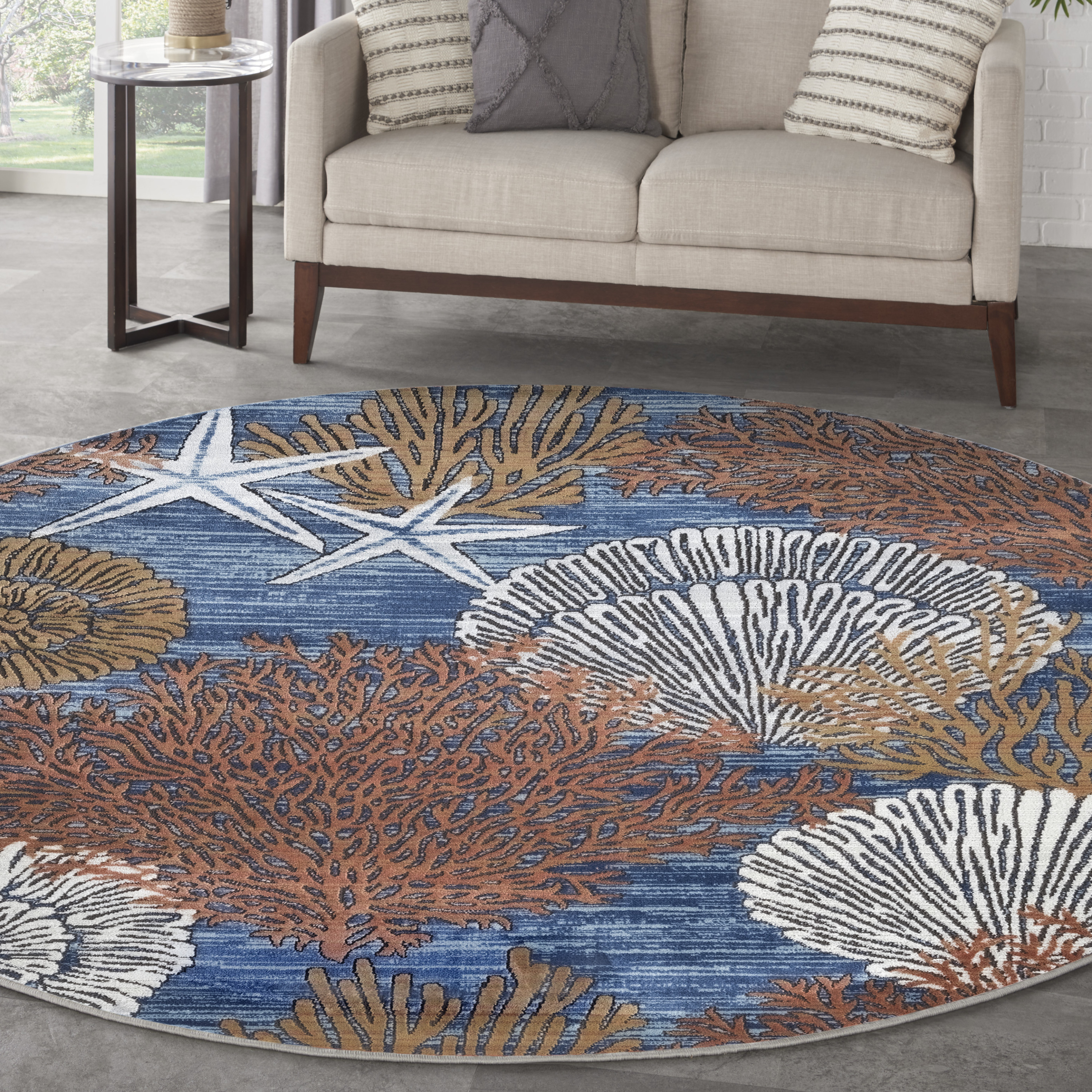 Nourison Seaside 7'10" x Round Blue Multicolor Coastal, Nautical & Beach Indoor Rug