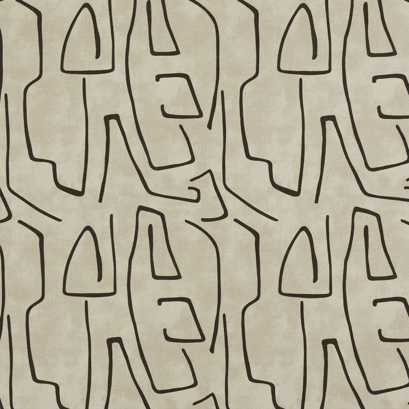 Beige wallpaper with irregular dark-brown hand-drawn linear motifs (umbrella-like shapes and looping lines) repeated in a mirrored pattern across a softly textured, neutral-toned surface.