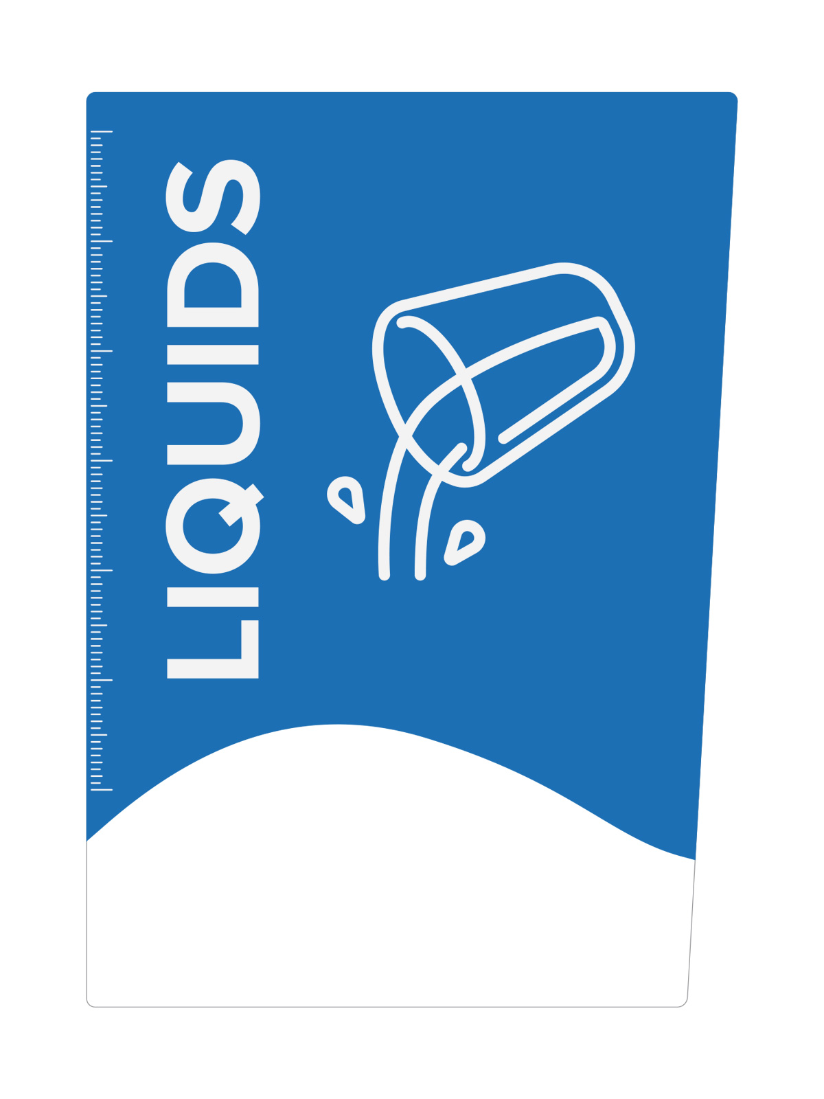 large label with the word LIQUIDS on a blue background showing a cup pouring out water