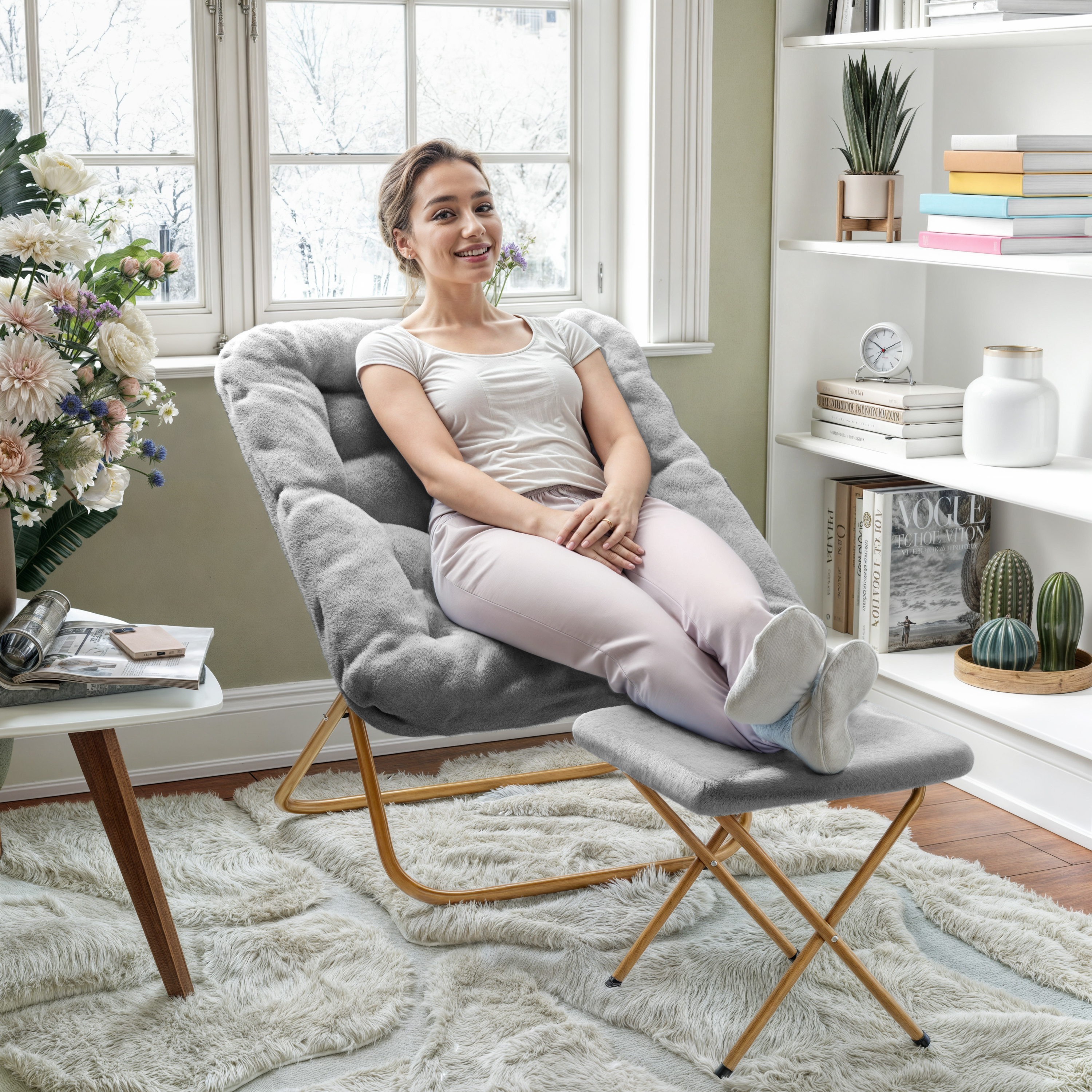 Archer 28" Oversized Portable Faux Fur Folding Saucer Chair with Folding Otto... - Picture 18 of 49