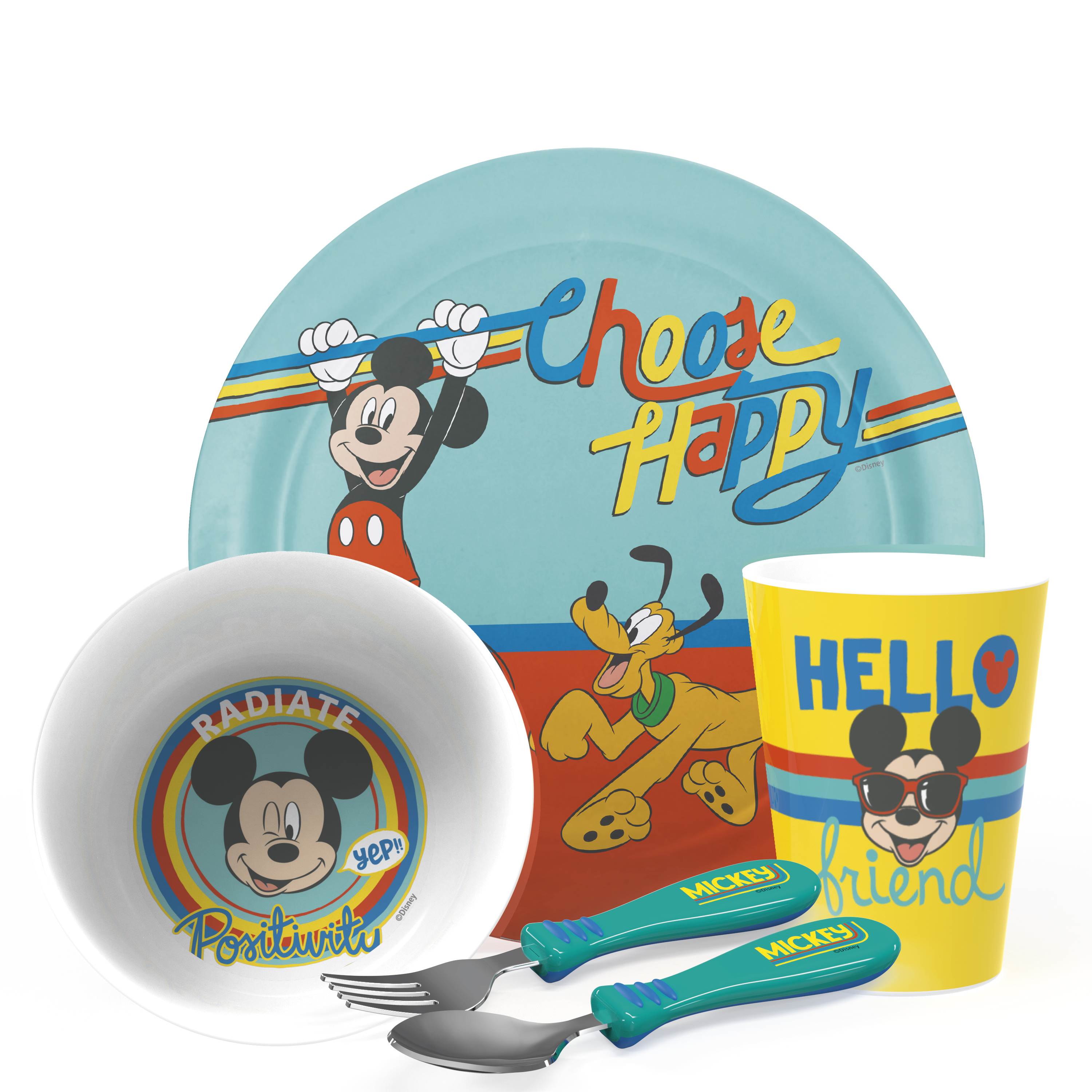 Disney Plate, Bowl, Tumbler and Flatware Set, Rainbow Mickey Mouse, 5-piece set slideshow image 1