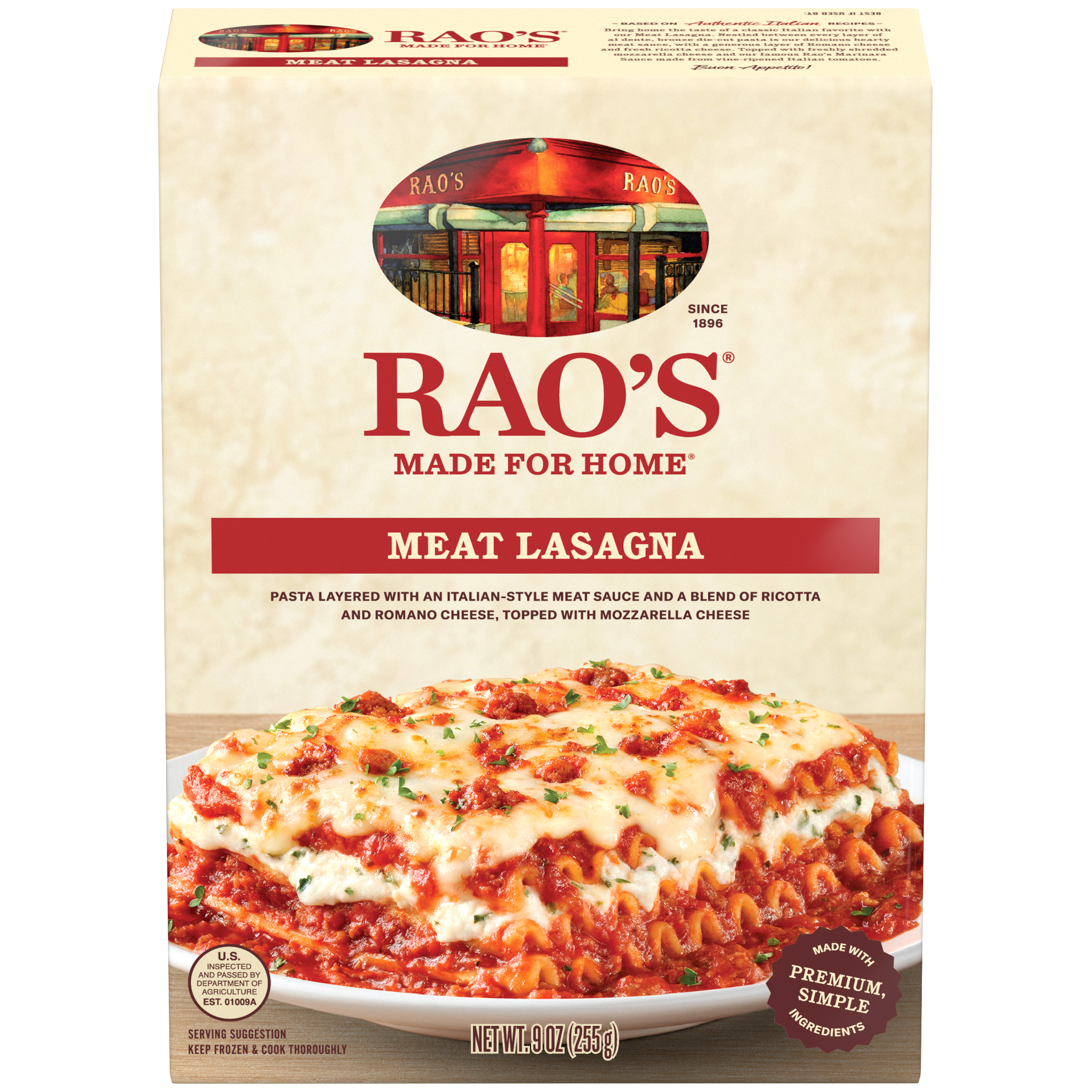 Meat Lasagna Frozen Meal, 9 oz - Back Image