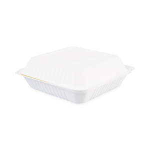 Boardwalk, Bagasse Food Containers, Hinged-Lid, 1-Compartment 9 x 9 x 3.19, White, Sugarcane
