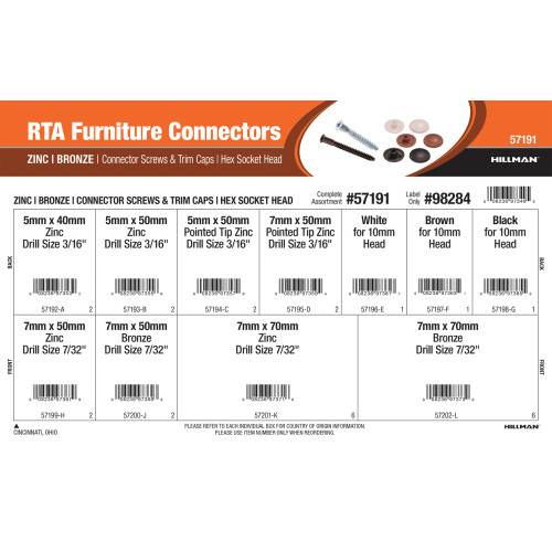 RTA Furniture Connectors Assortment (Zinc & Bronze Connector Screws and Trim Caps w/ Hex Socket Head)