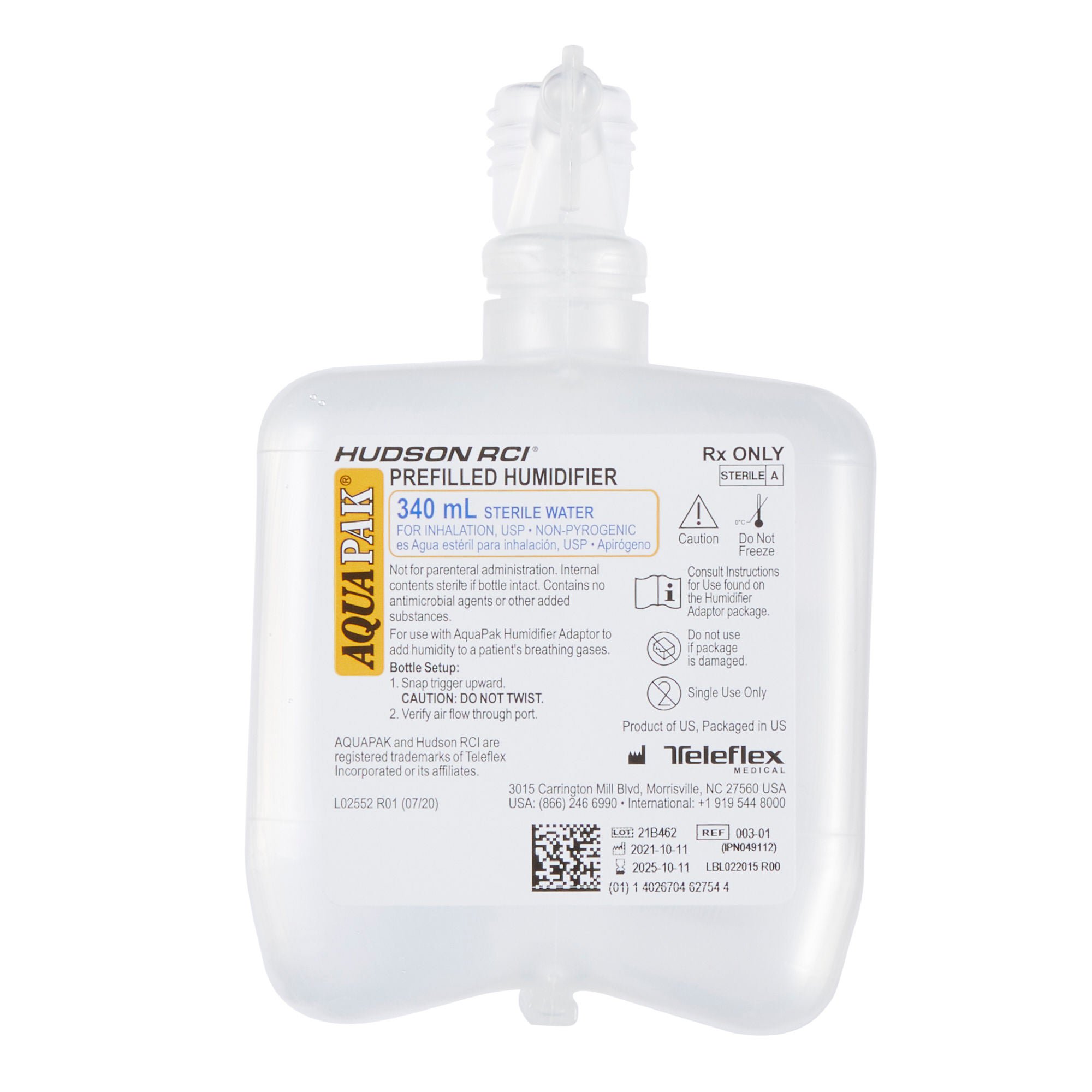 Aquapak® Prefilled Bubble Humidifier Water Resevoir, 340 mL