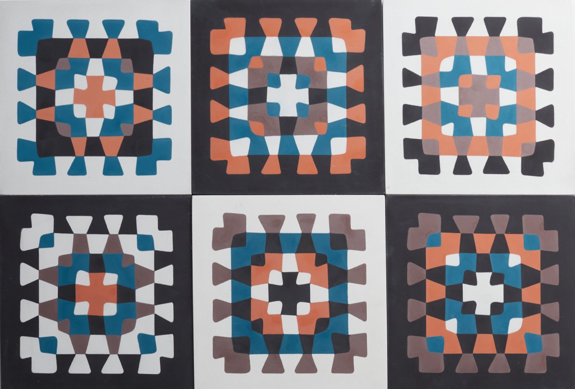 a set of geometric tiles in blue, orange, and brown.