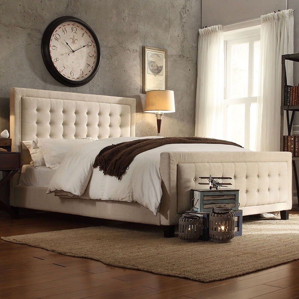 Square Button-Tufted Upholstered Platform Bed with Footboard