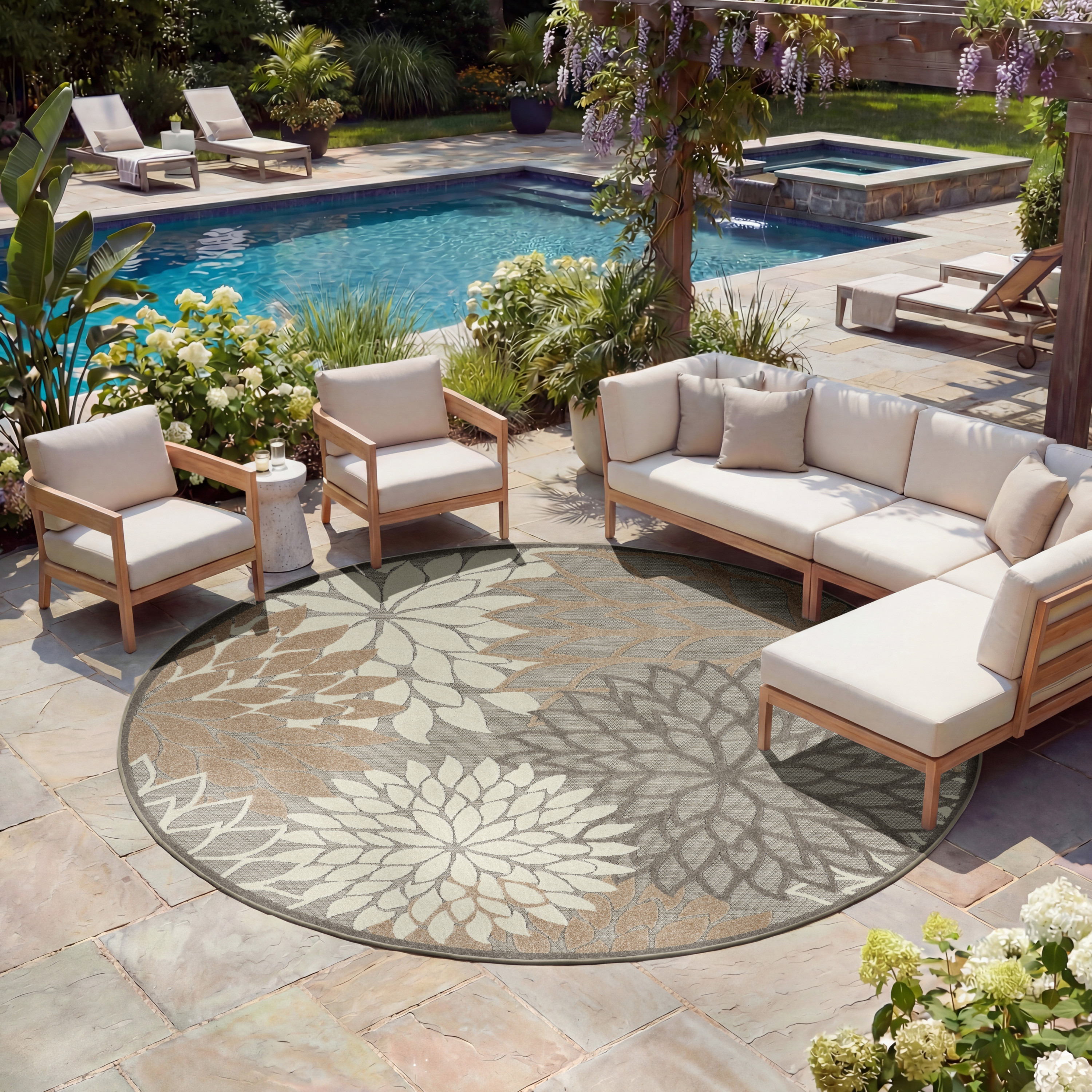 Nourison Aloha 7'10" x Round Natural Tropical Rug