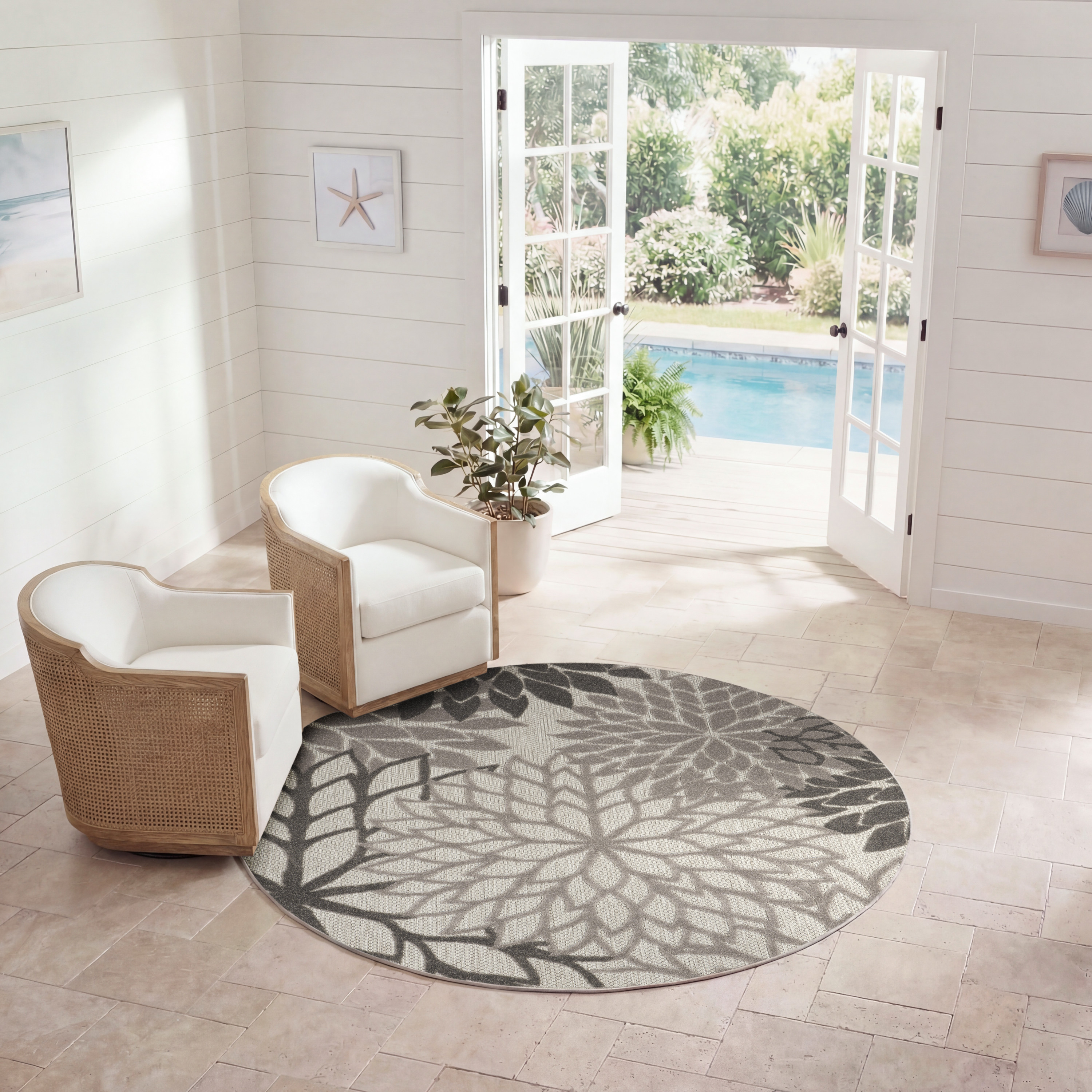Nourison Aloha 5'3" x Round Silver Grey Tropical Rug