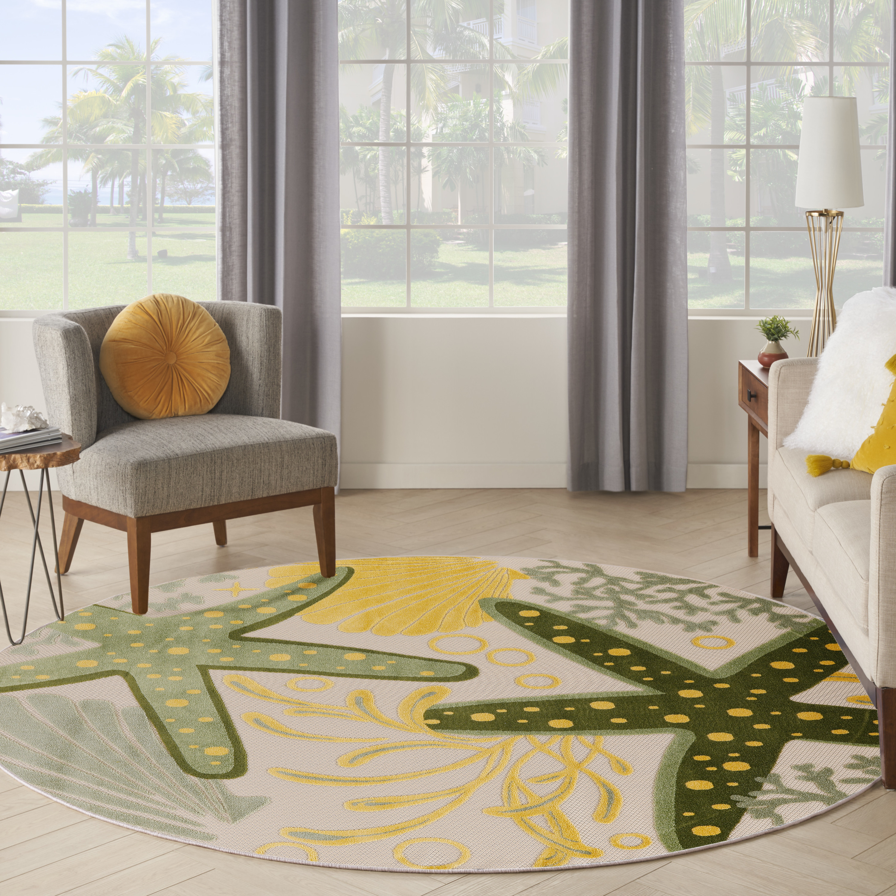 Nourison Aloha 7'10" x Round Green Yellow Outdoor Rug