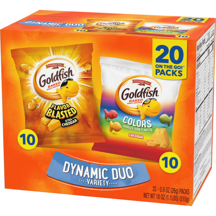 Goldfish® Colors Cheddar and Flavor Blasted Xtra Cheddar Crackers, 20 count box, 18 oz, bag - Right Angle Image