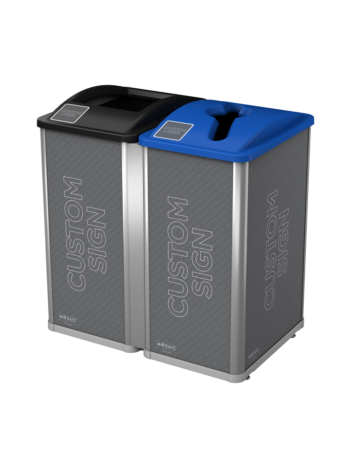 Mosaic Series double waste and recycling containers with full black lid and mixed blue lid and custom signs and labels