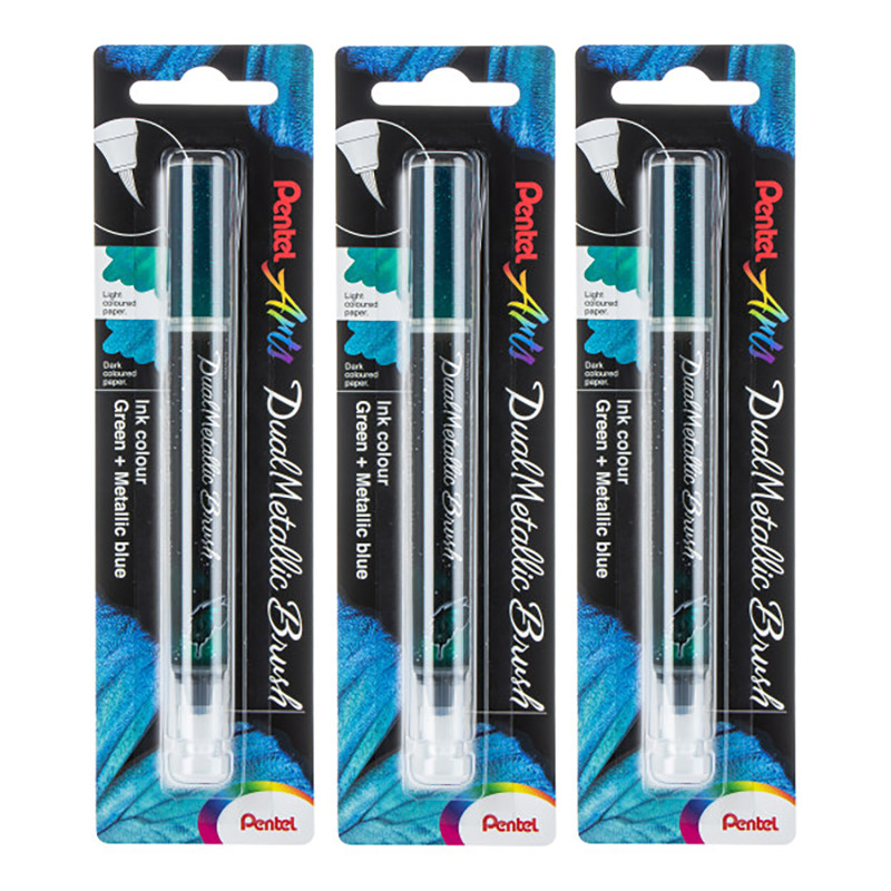 DualMetallic Brush, Green/Metallic Blue Ink, Pack of 3