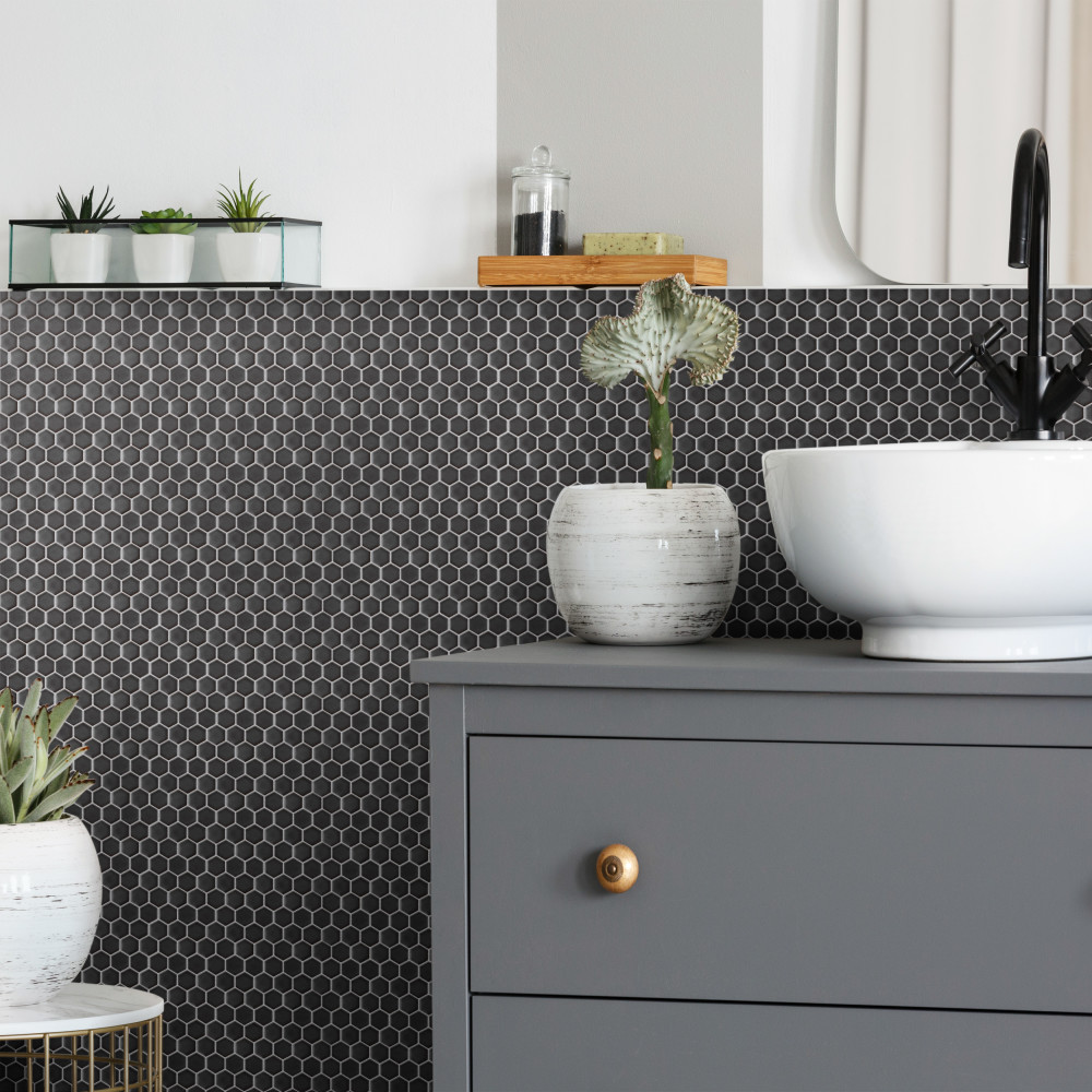 Sample – Colmena Hex Gunmetal Porcelain Mosaic Tile