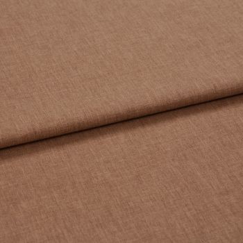Brown woven fabric, folded once creating a horizontal overlap, showing fine heathered texture and tight weave; lying flat on a neutral surface under soft, even studio lighting, close-up view.