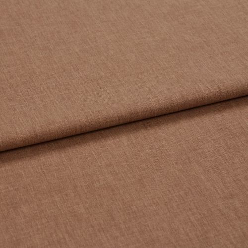 Brown woven fabric, folded once creating a horizontal overlap, showing fine heathered texture and tight weave; lying flat on a neutral surface under soft, even studio lighting, close-up view.