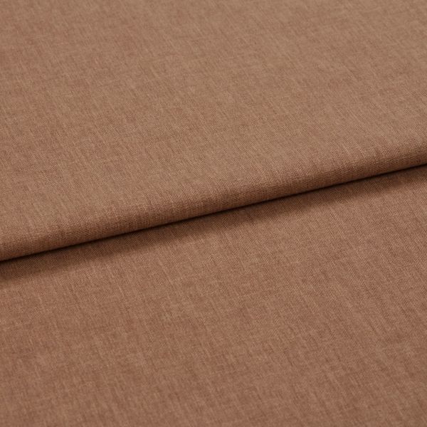 Brown woven fabric, folded once creating a horizontal overlap, showing fine heathered texture and tight weave; lying flat on a neutral surface under soft, even studio lighting, close-up view.