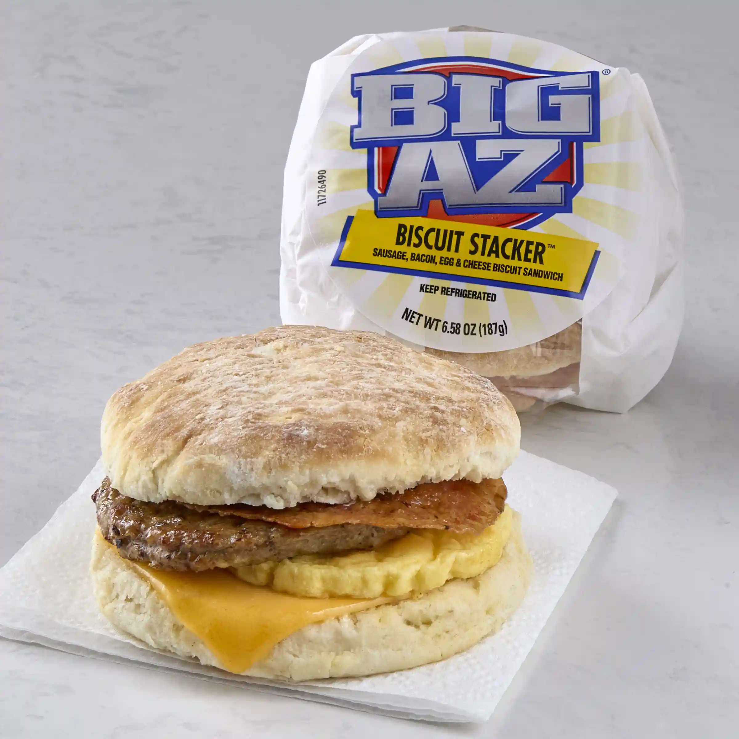 BIG AZ® Biscuit Stacker® Sausage, Bacon, Egg and Cheese Biscuit Sandwich https://images.salsify.com/image/upload/s--8JO8xn8z--/q_25/rw203gspfmx0kx40mnj9.webp