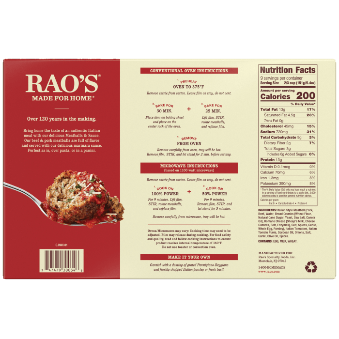 Meatballs & Sauce Frozen Meal, 48 oz - Back Image