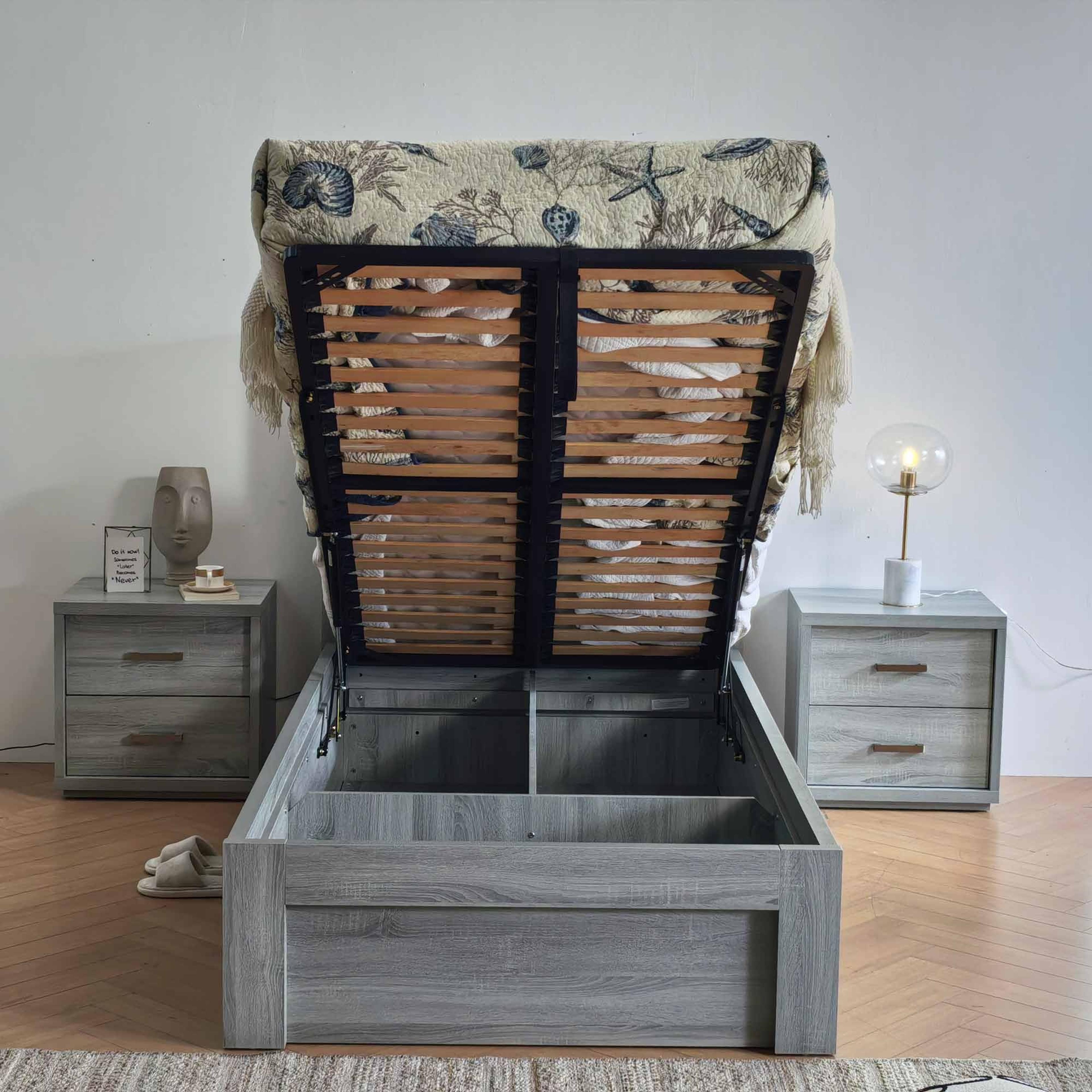 Lifestyle image of the  Bellevue Bed Frame, Front Slat Gas Lift Base, Cement Grey from Forty Winks