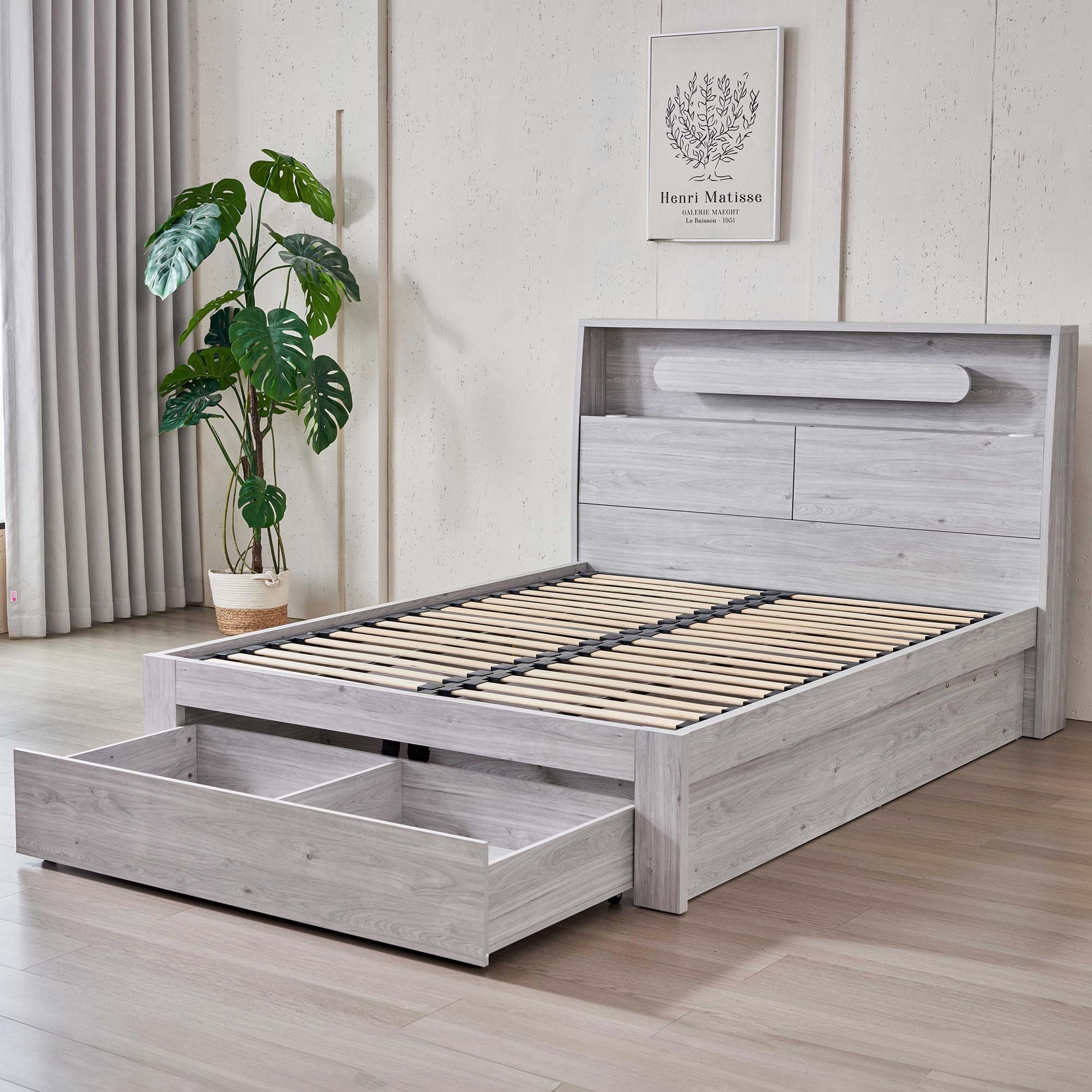 Lifestyle image of the  Nova Bed Frame, Front Slat Gas Lift & End Drawer Base, Stone Oak from Forty Winks
