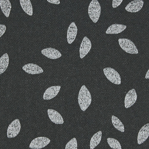 Dark charcoal woven fabric patterned with scattered white, textured leaf-shaped ovals; motifs roughly evenly spaced, creating a repeating decorative design; close-up, flat diffuse lighting and no visible surroundings.