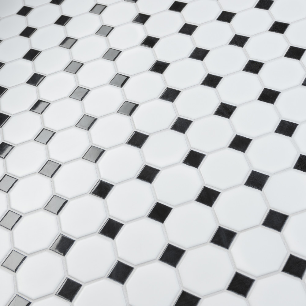 Metro Octagon Matte White w/ Black Dot 11-1/2 in. x 11-1/2 in. Porcelain Mosaic Tile