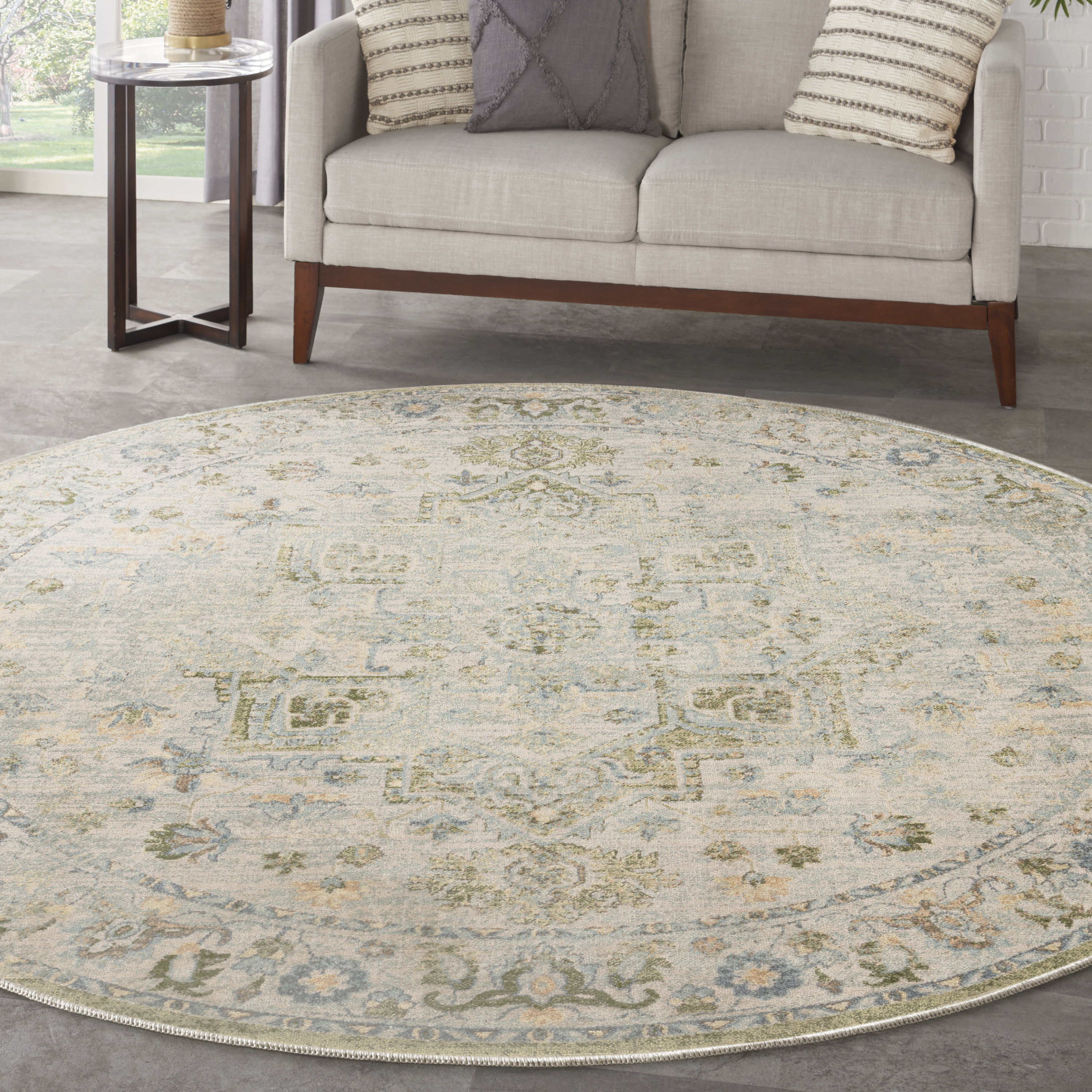 Nourison Astra Machine Washable 5'3" x Round Blue Green Vintage Indoor Rug