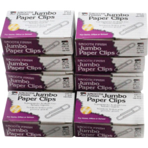 Paper Clips, Jumbo Gem, Nickel Plated, Silver, 100 Per Box, 10 Boxes