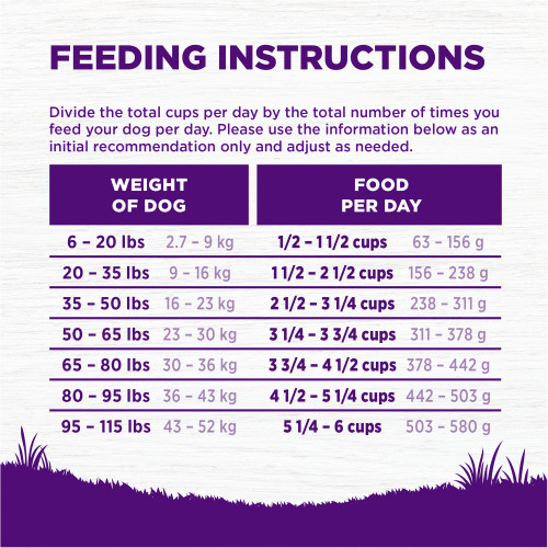 <p>Standard measuring cup holds approximately 3.4 oz (95g) of Wellness Complete Health Beef & Barley Recipe Dog Food.</p>
<p>Weight of Dog (lbs)	Weight of Dog (kg)	Cups per Day	Grams per Day<br />
6 – 20	2.7 – 9	1/2 – 1 1/2	63 – 156<br />
20 – 35	9 – 16	1 1/2 – 2 1/2	156 – 238<br />
35 – 50	16 – 23	2 1/2 – 3 1/4	238 -311<br />
50 – 65	23 – 30	3 1/4 – 3 3/4	311 – 378<br />
65 – 80	30 – 36	3 3/4 – 4 1/2	378 – 442<br />
80 – 95	36 – 43	4 1/2 – 5 1/4	442 – 503<br />
95 – 115	43 – 52	5 1/4 – 6	503 – 580						</p>
<p>Dogs over 115 lbs (52kg): Add approximately 1/3 cup (35g) for every 10 lbs (4.5kg) over 115 lbs.									</p>
<p>Combination Feeding: If feeding with Wellness wet food, reduce dry amount fed by 1/2 cup (48g) for every 6 oz (170g) of wet food.									</p>
