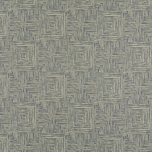Textured wallpaper with nested concentric squares and striped quarter-squares — repeating in a tight grid — laid flat across a surface, muted blue-gray and beige tones, subtle optical depth.
