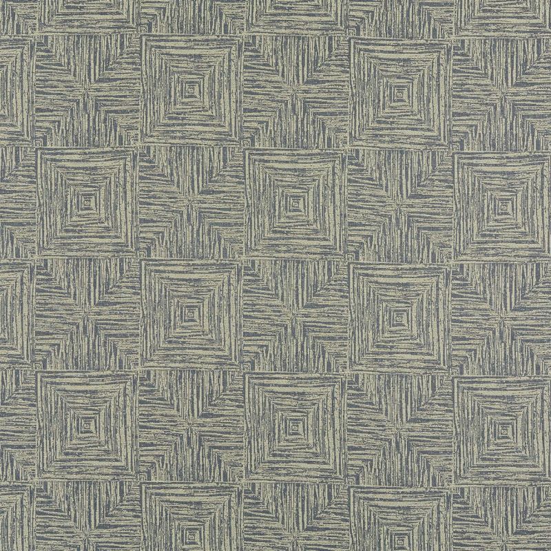 Textured wallpaper with nested concentric squares and striped quarter-squares â€” repeating in a tight grid â€” laid flat across a surface, muted blue-gray and beige tones, subtle optical depth.