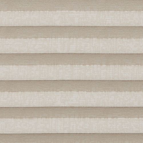 Pleated double-layered cellular shades, horizontal beige and ivory bands, lowered and closed, softly diffusing light; close-up view showing textured fabric panels across a neutral interior setting.