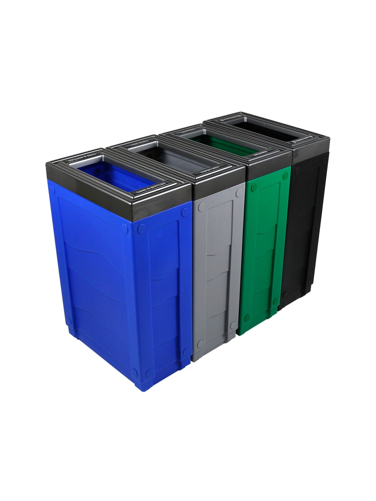 EVOLVE – Quad – Kit – Cans & Bottles-Paper-Organics-Waste – Full – Blue-Grey-Green-Black