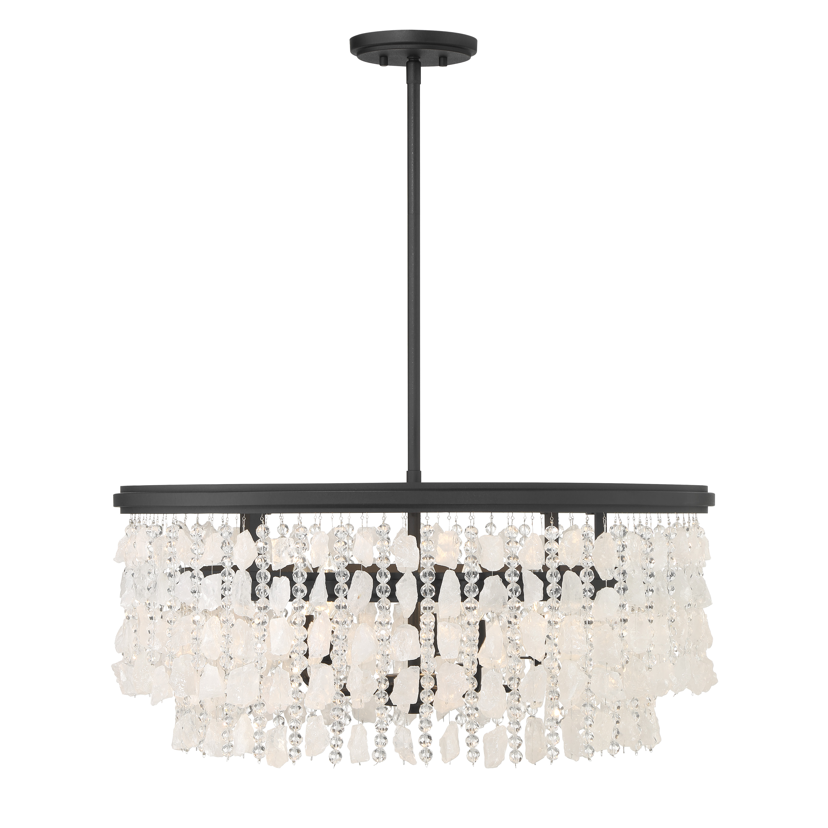 The Shimmering Elegance chandelier combines modern linear design with luxurious quartz crystalline and cut glass beads. Its 28-inch width and dramatic Sand Coal Black finish create stunning visual impact over dining tables and kitchen islands. - alternate view