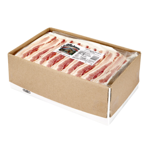 OLD SMOKEHOUSE(r) Bacon, Applewood, 18/22 slice, 2/10 lb . C1RM - Front Right Open Case (Hi Res)