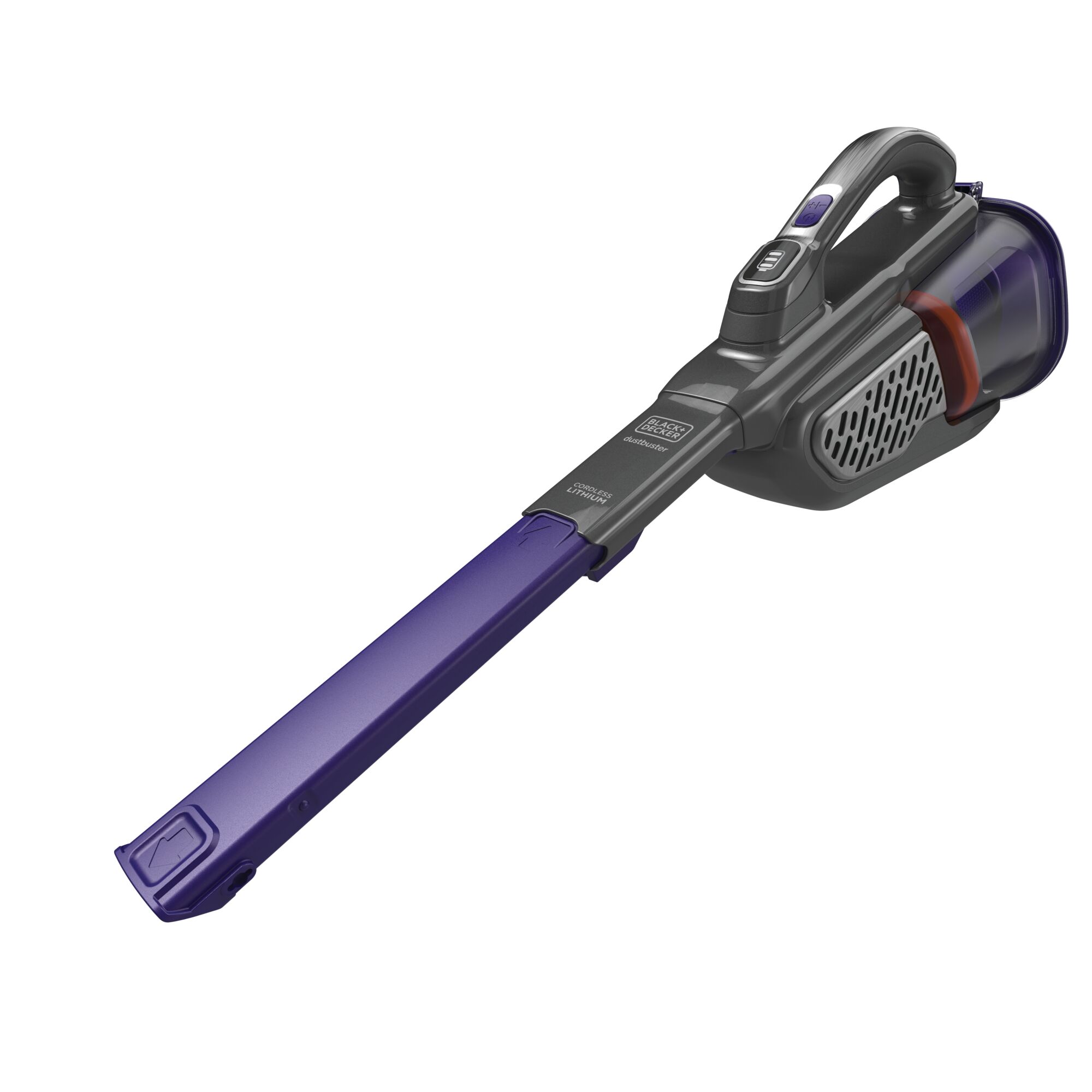 Profile of 20 volt max dustbuster advancedclean pet hand vacuum with base charger and extra filter.